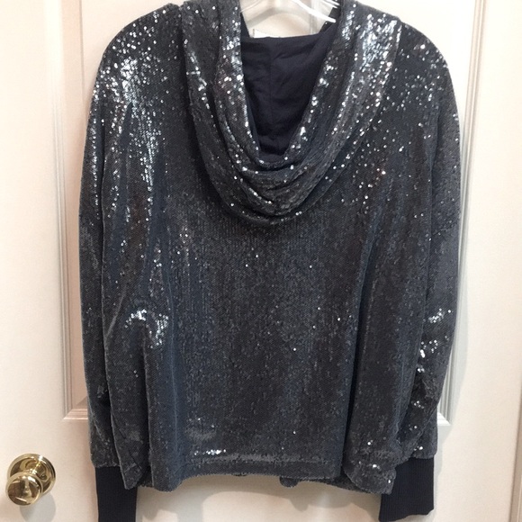 🎉”Anthropologie” Hooded Blue/Grey Sequin Zip Jacket - Picture 5 of 11